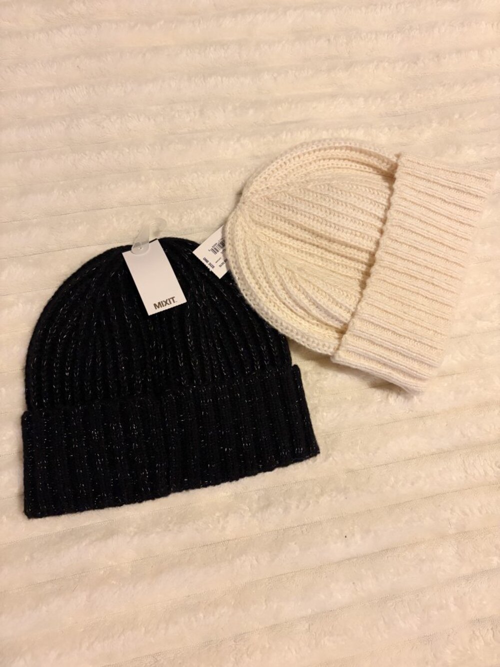 MIXIT Metallic Knit Beanie Hat Bundle Black Cream NWT